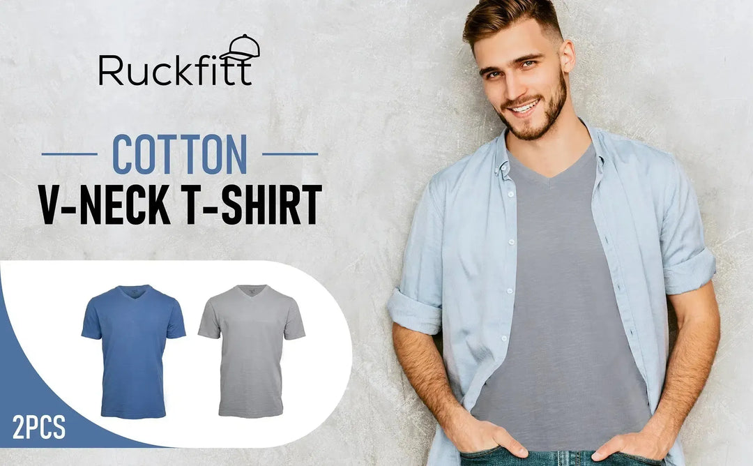 RuckFitt Mens Garment-dyed slub cotton V-Neck T-Shirt - 2-Pack-Shirts & Tops-Blue Night - Cool Gray-M-