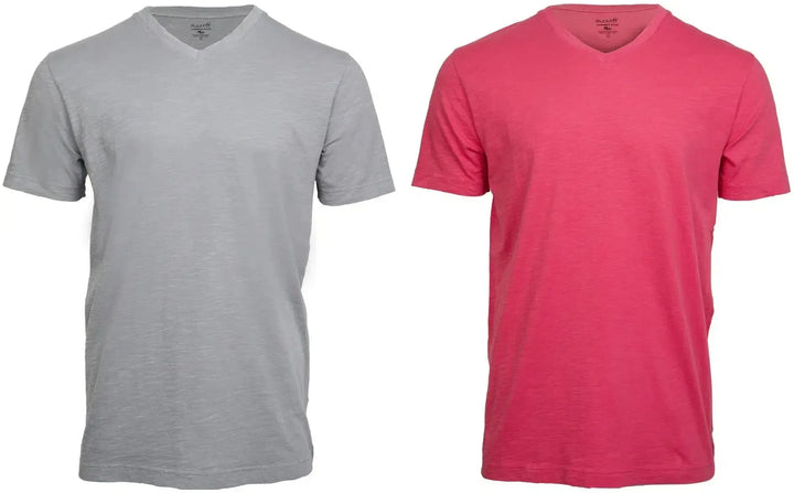 RuckFitt Mens Garment-dyed slub cotton V-Neck T-Shirt - 2-Pack-Shirts & Tops-Cool Gray - Warm Red-M-