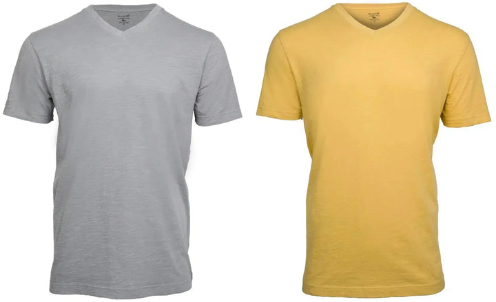 RuckFitt Mens Garment-dyed slub cotton V-Neck T-Shirt - 2-Pack-Shirts & Tops-Cool Gray - Yellow-M-