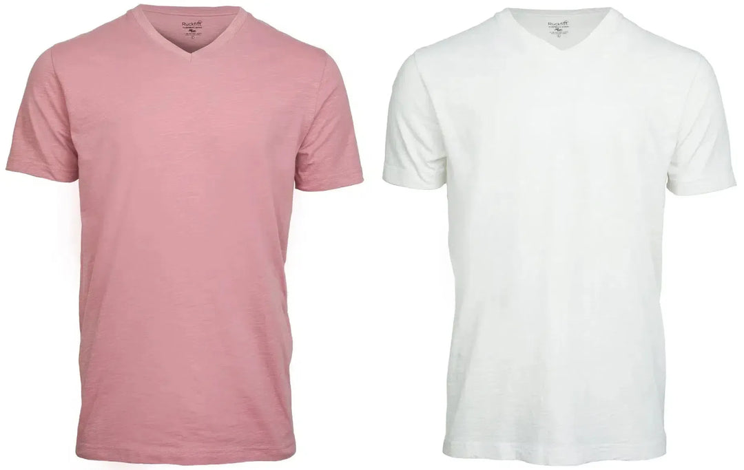 RuckFitt Mens Garment-dyed slub cotton V-Neck T-Shirt - 2-Pack-Shirts & Tops-Light Orchid - White-M-