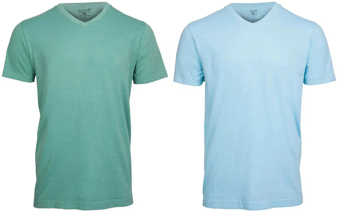 RuckFitt Mens Garment-dyed slub cotton V-Neck T-Shirt - 2-Pack-Shirts & Tops-Mint Green - Sky Blue-M-