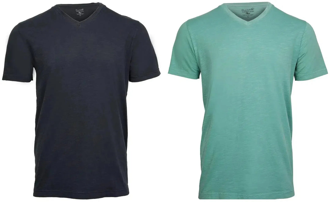 RuckFitt Mens Garment-dyed slub cotton V-Neck T-Shirt - 2-Pack-Shirts & Tops-Navy - Mint Green-M-