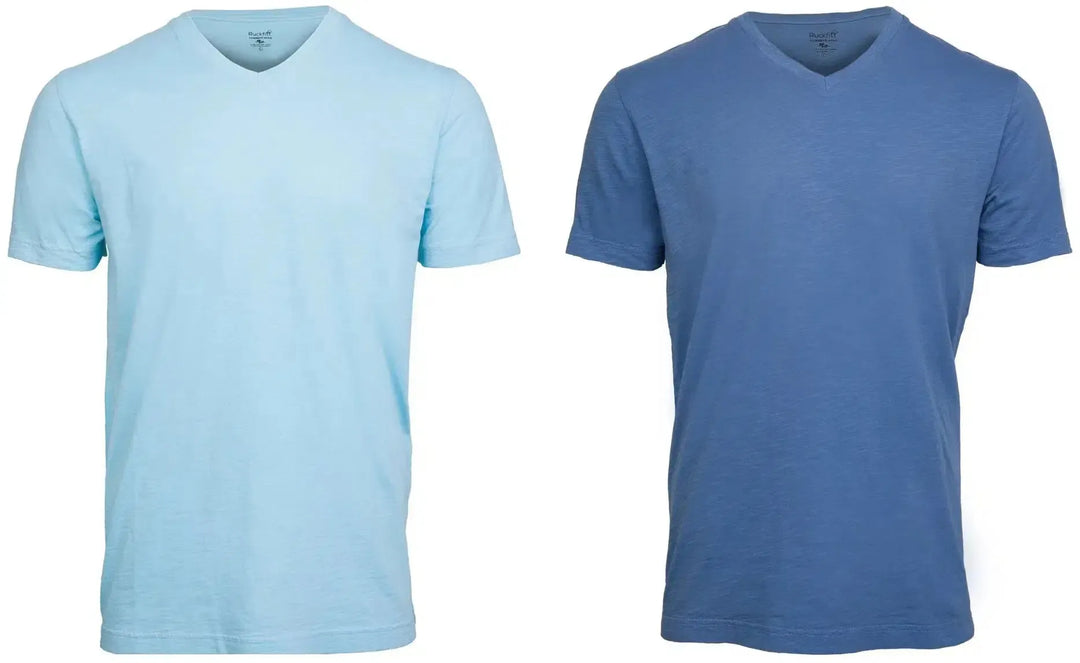 RuckFitt Mens Garment-dyed slub cotton V-Neck T-Shirt - 2-Pack-Shirts & Tops-Sky Blue - Blue Night-M-