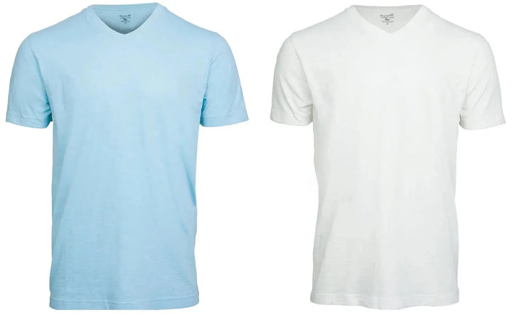 RuckFitt Mens Garment-dyed slub cotton V-Neck T-Shirt - 2-Pack-Shirts & Tops-Sky Blue - White-M-