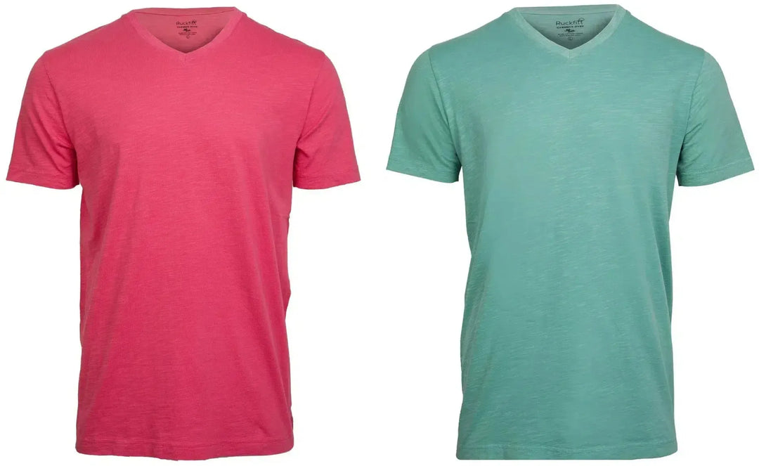 RuckFitt Mens Garment-dyed slub cotton V-Neck T-Shirt - 2-Pack-Shirts & Tops-Warm Red - Mint Green-M-