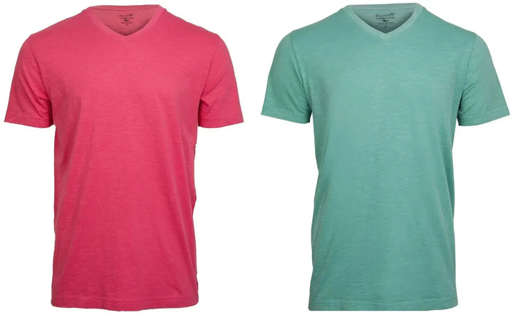 RuckFitt Mens Garment-dyed slub cotton V-Neck T-Shirt - 2-Pack-Shirts & Tops-Warm Red - Mint Green-M-