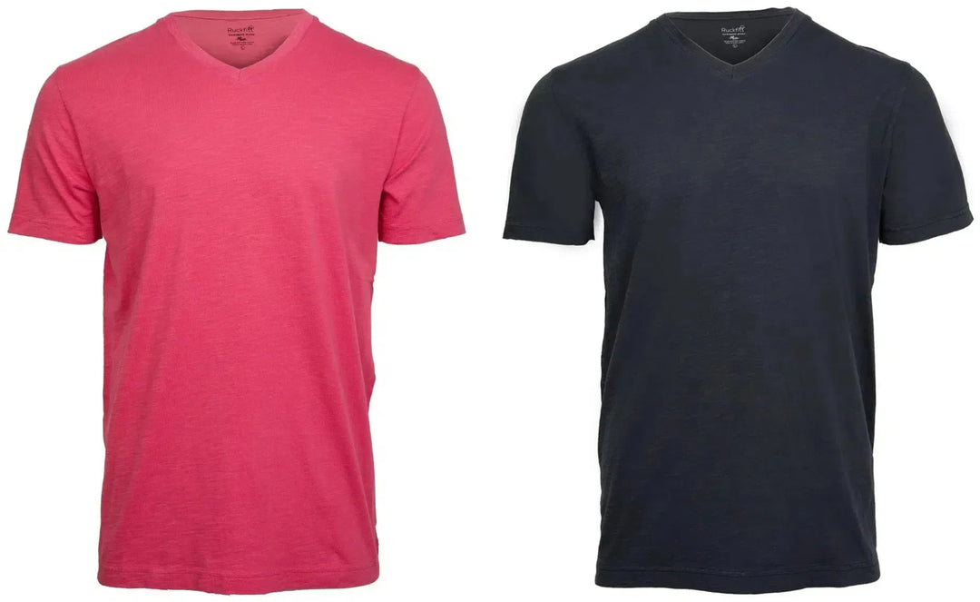 RuckFitt Mens Garment-dyed slub cotton V-Neck T-Shirt - 2-Pack-Shirts & Tops-Warm Red - Navy-M-