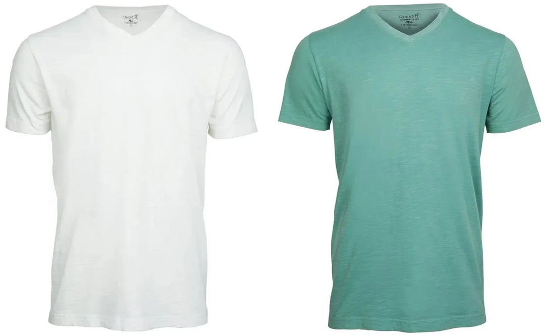 RuckFitt Mens Garment-dyed slub cotton V-Neck T-Shirt - 2-Pack-Shirts & Tops-White - Mint Green-M-