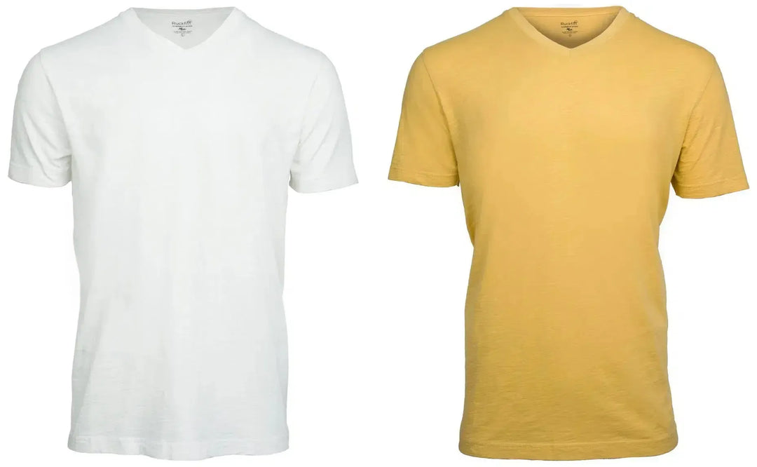 RuckFitt Mens Garment-dyed slub cotton V-Neck T-Shirt - 2-Pack-Shirts & Tops-White - Yellow-M-