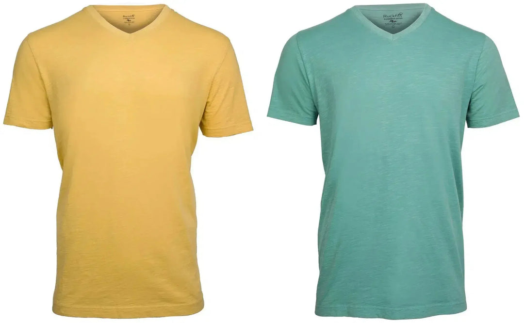 RuckFitt Mens Garment-dyed slub cotton V-Neck T-Shirt - 2-Pack-Shirts & Tops-Yellow - Mint Green-M-